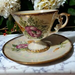 Vtg August Poppy Iridescent Demitasse Footed Cup Saucer Heavy Gold Accents